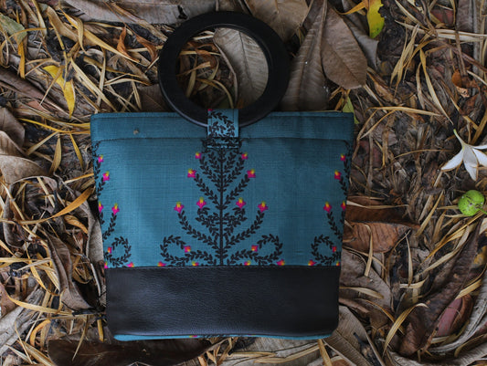 Blue Floral Leather Woodcraft Clutch